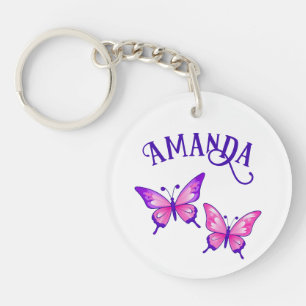 Porte-clefs Duo de papillon violet et rose avec nom