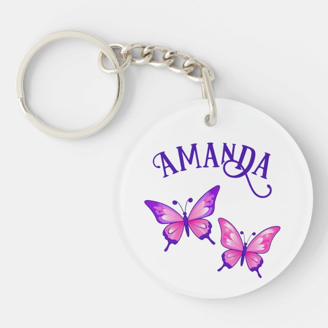 Porte-clefs Duo de papillon violet et rose avec nom (Devant)