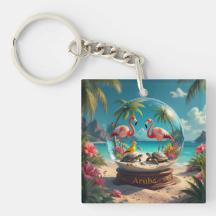 Porte-clefs Dushi plage aruba globe avec flamants roses
