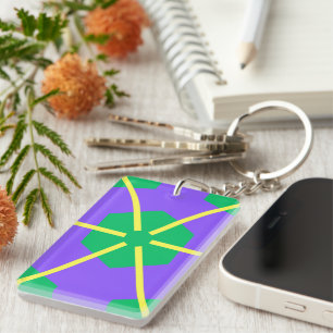 Porte-clefs Éclatement géométrique en violet, vert et jaune