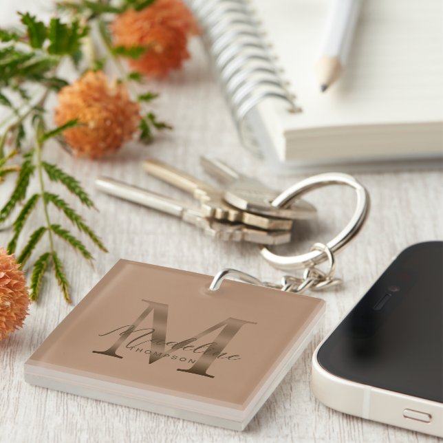 Porte-clefs Écriture Chic Métal Taupe Or Monogramme (Devant Droit)
