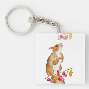 Porte-clefs Écureuil d'aquarelle drôle sur une branche avec de