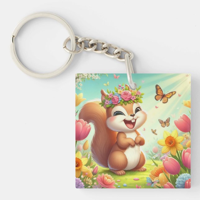 Porte-clefs Écureuil du printemps mignon et heureux (Devant)