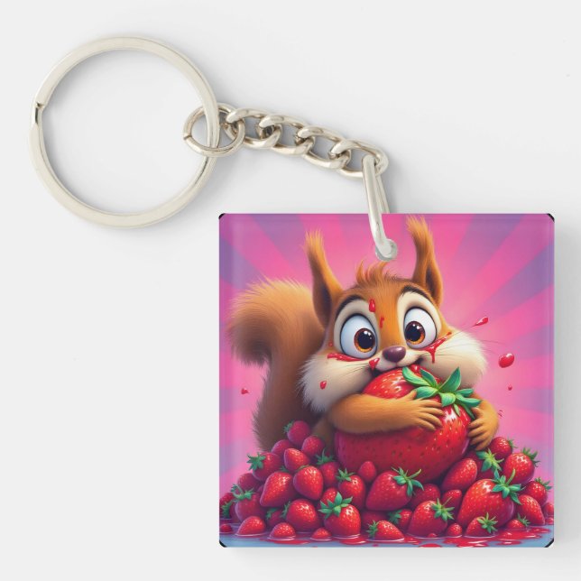 Porte-clefs Écureuil duveteux “Fou de fraises”, drôle  (Devant)
