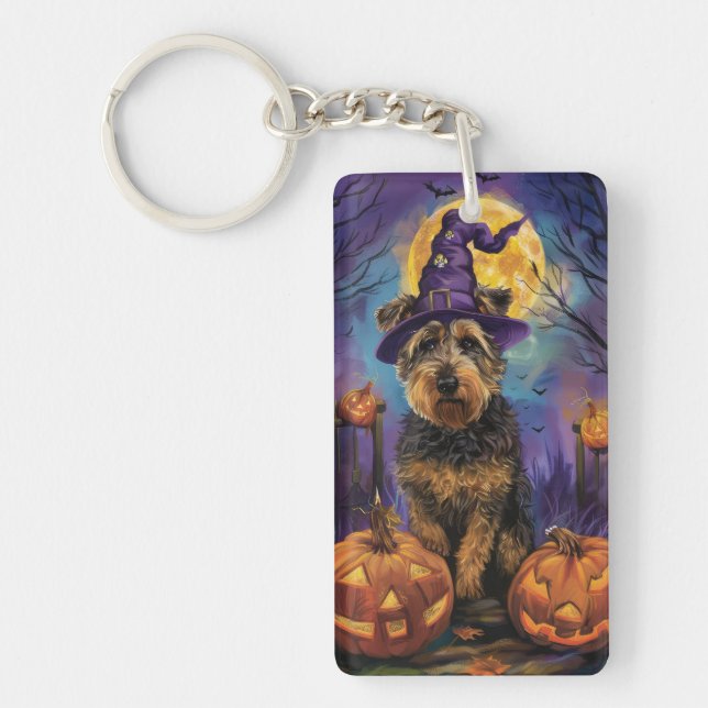 Porte-clefs Éffrayant Airedale Halloween sorcière et Citrouill (Devant)