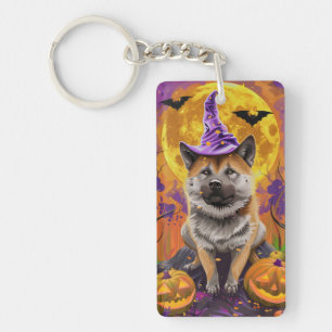 Porte-clefs Éffrayant Akita Halloween Witch et Citrouille