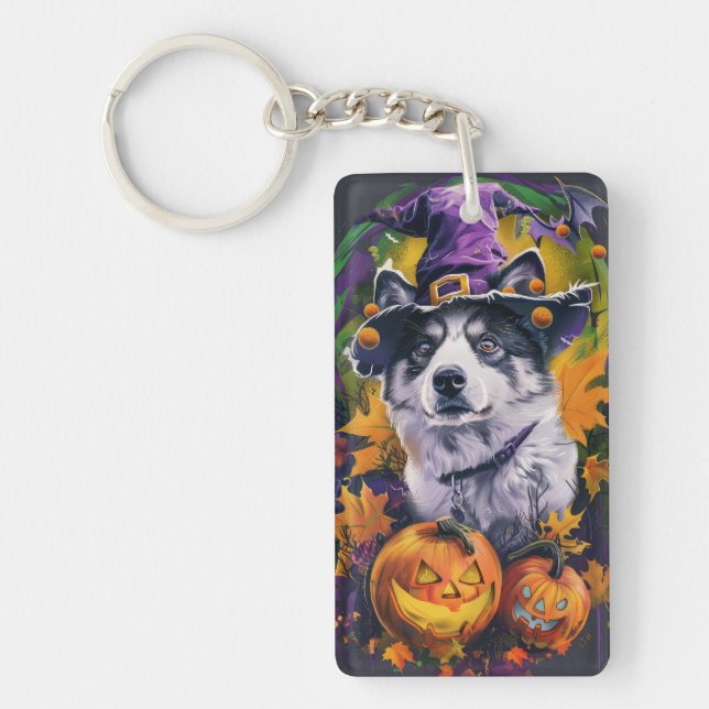 Porte-clefs Éffrayant Akita Halloween Witch et Citrouille (Devant)
