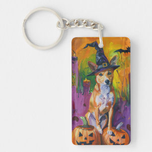 Porte-clefs Éffrayant Basenji Halloween sorcière et Citrouille
