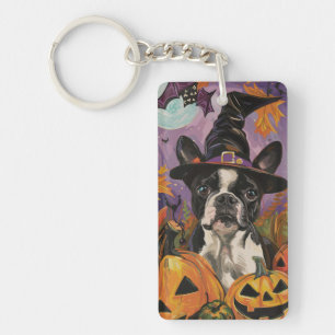 Porte-clefs Éffrayant Boston Terrier Halloween Witch Et Citrou