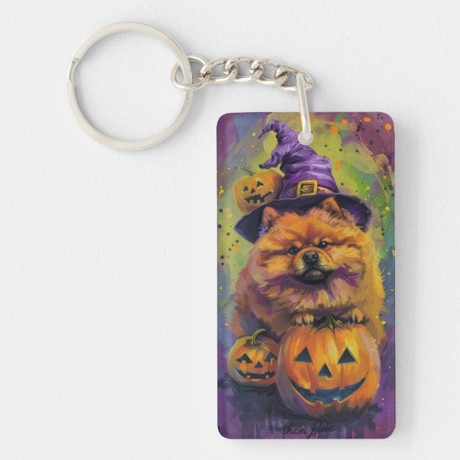 Porte-clefs Éffrayant Chow Chow Chien Halloween sorcière et Ci (Devant)