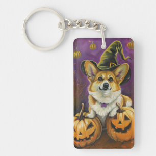 Porte-clefs Éffrayant Corgi Chien Halloween Citrouille sorcier