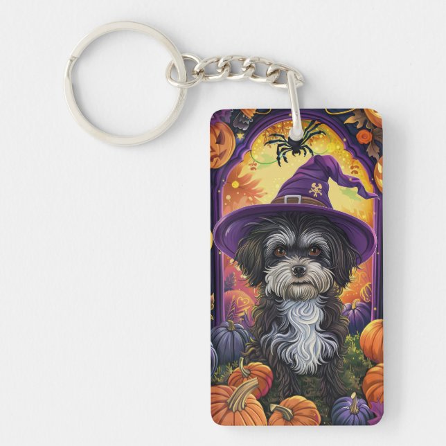 Porte-clefs Éffrayant Havanais Chien Halloween sorcière et Cit (Devant)