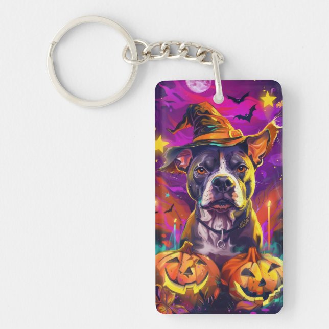 Porte-clefs Éffrayant Pitbull Chien Halloween sorcière et Citr (Devant)