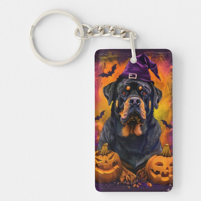 Porte-clefs Éffrayant Rottweiler Chien Halloween sorcière et C (Devant)