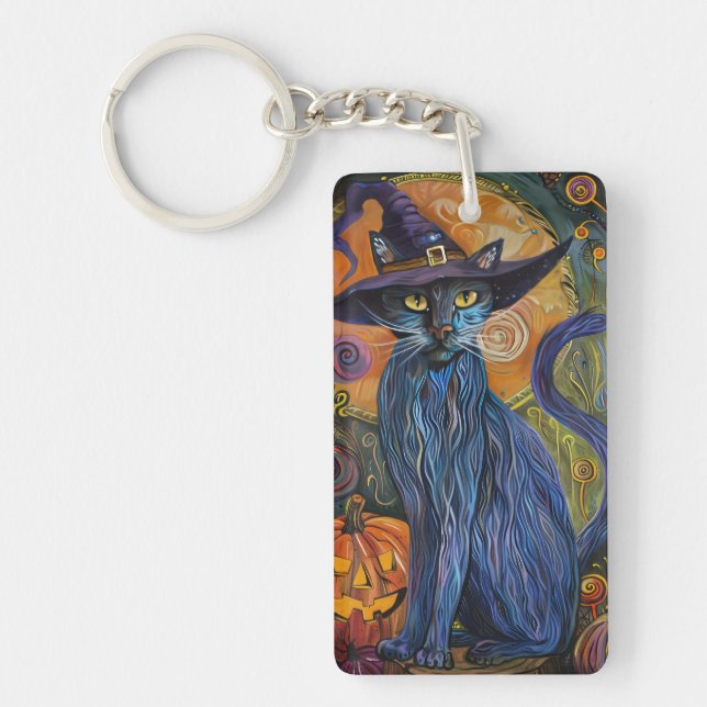 Porte-clefs Éffrayant Russe Bleu Chat Halloween Citrouille sor (Devant)