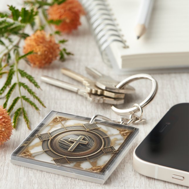 Porte-clefs Élégance en Absolution Croix sur marbre avec doré (Devant Droit)