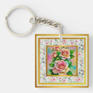 Porte-clefs Elégance Rose rose et jaune Aquarelle Pastel
