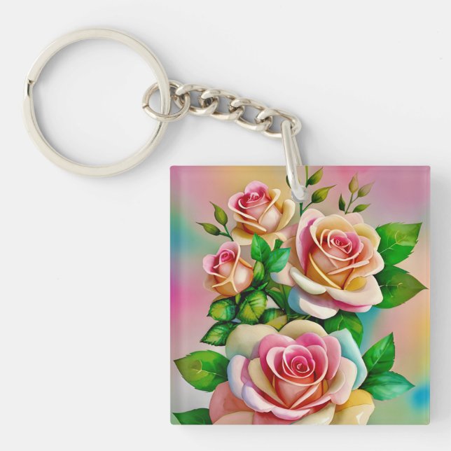 Porte-clefs Elégance Rose rose et jaune Aquarelle Pastel (Devant)