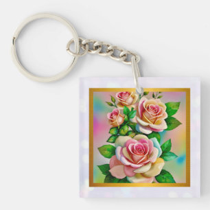 Porte-clefs Elégance Rose rose et jaune Aquarelle Pastel