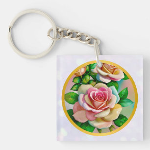 Porte-clefs Élégance Roses Rose et Jaune Aquarelle Pastel