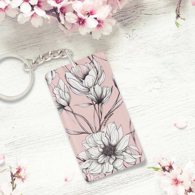 Porte-clefs Élégant Anémone Floral Nom personnalisé (Créateur téléchargé)