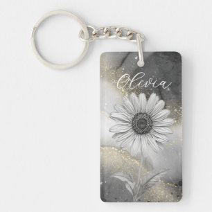 Porte-clefs Elégant Black & Gold Daisy Personnalisé