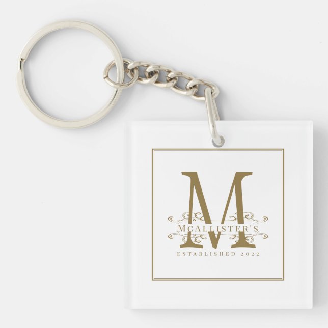 Porte-clefs Élégant Blanc et Or Famille Monogramme Glamour (Devant)