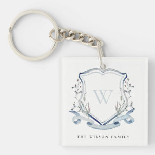 Porte-clefs Elégant bleu Fleur sauvage Aquarelle Monogram Cres