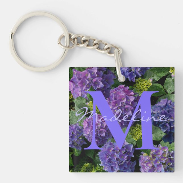 Porte-clefs Elégant bleu violet magenta vert hydrangée florale (Devant)