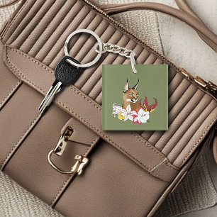 Porte-clefs Élégant Caracal Chat Sauvage Lis Floral Vert
