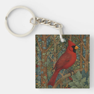 Porte-clefs Elégant cardinal rétro Art Nouveau rouge oiseau
