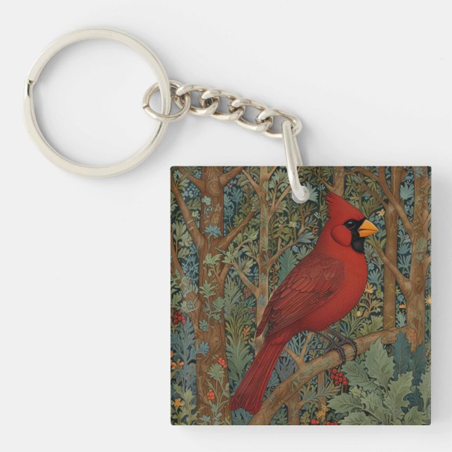 Porte-clefs Elégant cardinal rétro Art Nouveau rouge oiseau (Devant)