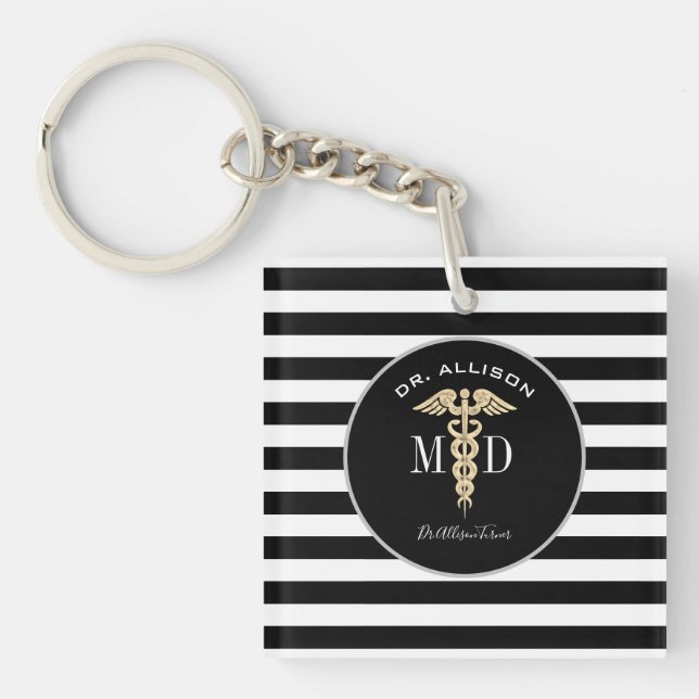 Porte-clefs Elégant Docteur Médicale Caduceus Noir Personnalis (Devant)