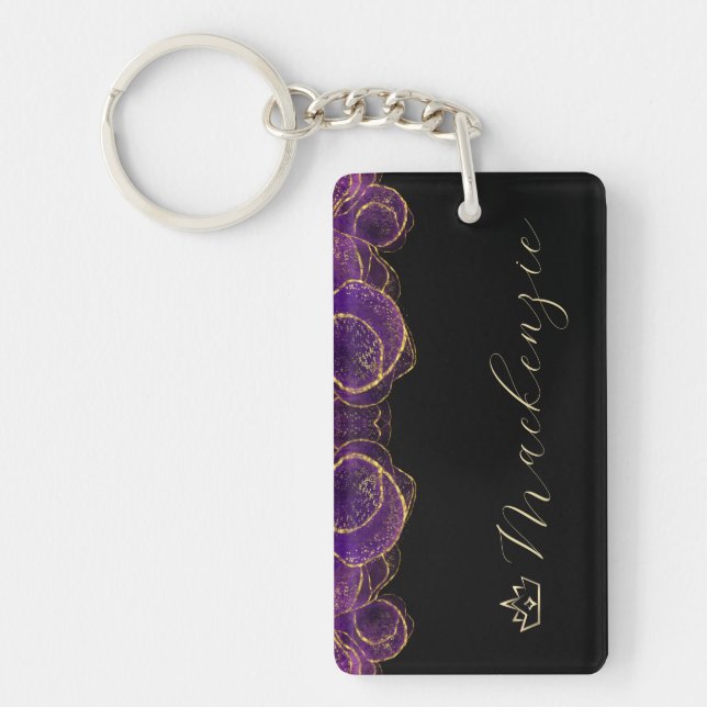 Porte-clefs Élégant écriture personnalisée violet et or (Devant)