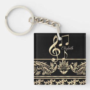 Porte-clefs Élégant floral doré, clé de violon, note