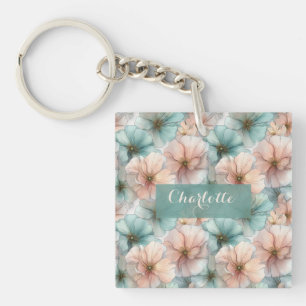Porte-clefs Élégant Floral Personnalisé Rose et Vert Vintage
