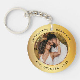 Porte-clefs Elegant Gold Rings Couple Photo Mariage Keepsaké
