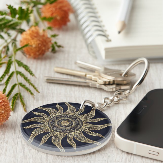 Porte-clefs Elégant Gold Sun Mandala Blue Nebula Design (Devant droit)