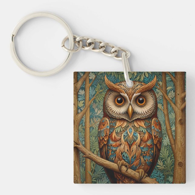 Porte-clefs Élégant hibou rétro boho bohème bohème forêt verte (Devant)