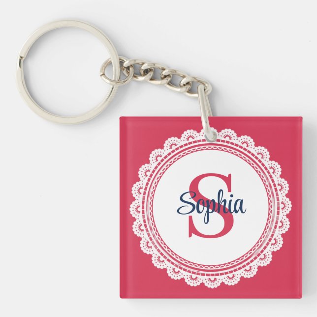 Porte-clefs Élégant Lace Blanc et Initial Rouge et Marine (Devant)