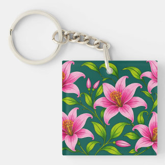 Porte-clefs Élégant lys rose floral avec feuillage vert