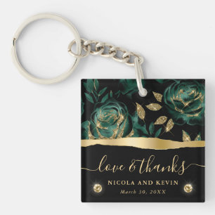 Porte-clefs Élégant mariage floral rose pailleté vert et or