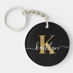 Porte-clefs Élégant Monogramme Black Gold Script