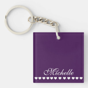 Porte-clefs Élégant Monogramme Coeurs blancs Eggplant pourpre