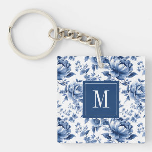 Porte-clefs Élégant Monogramme Floral Bleu Vintage