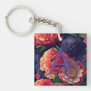 Porte-clefs Élégant monogramme romantique orange rouge floral