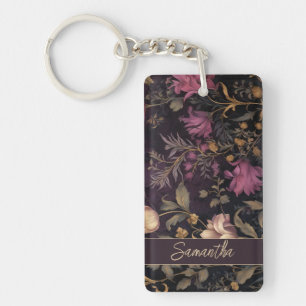 Porte-clefs élégant motif de fleurs foncées avec nom