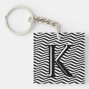 Porte-clefs Élégant noir blanc Chevron Stripe Monogramme perso