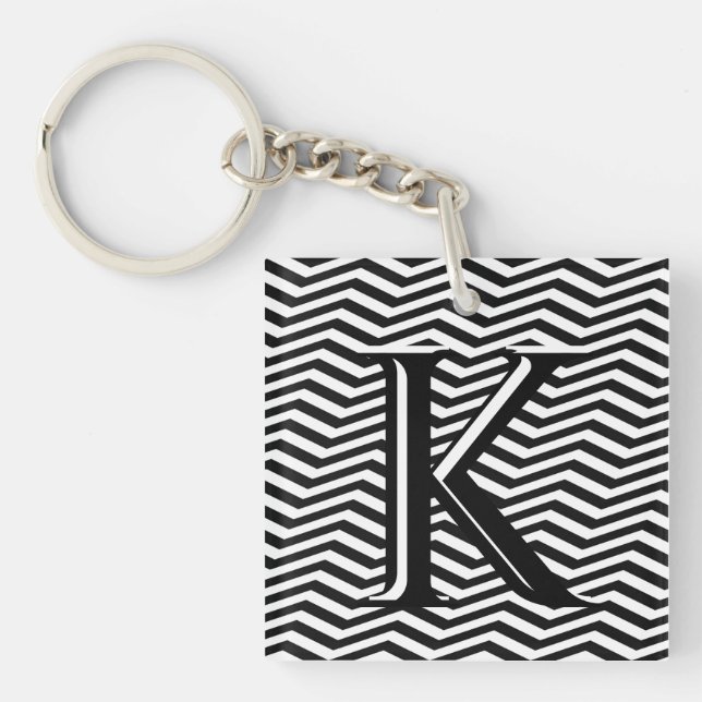 Porte-clefs Élégant noir blanc Chevron Stripe Monogramme perso (Devant)