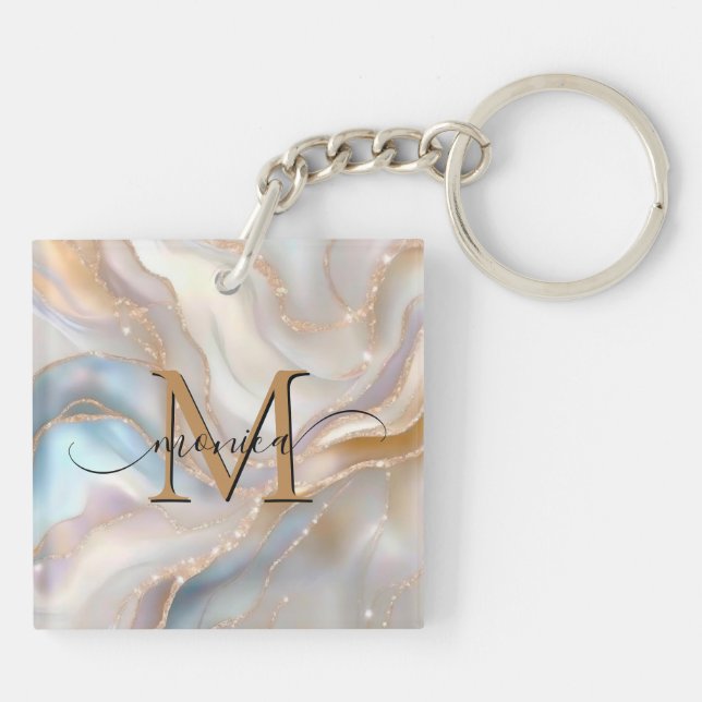 Porte-clefs  Élégant or et nacre Monogramme Nom Personnalisé (Dos)